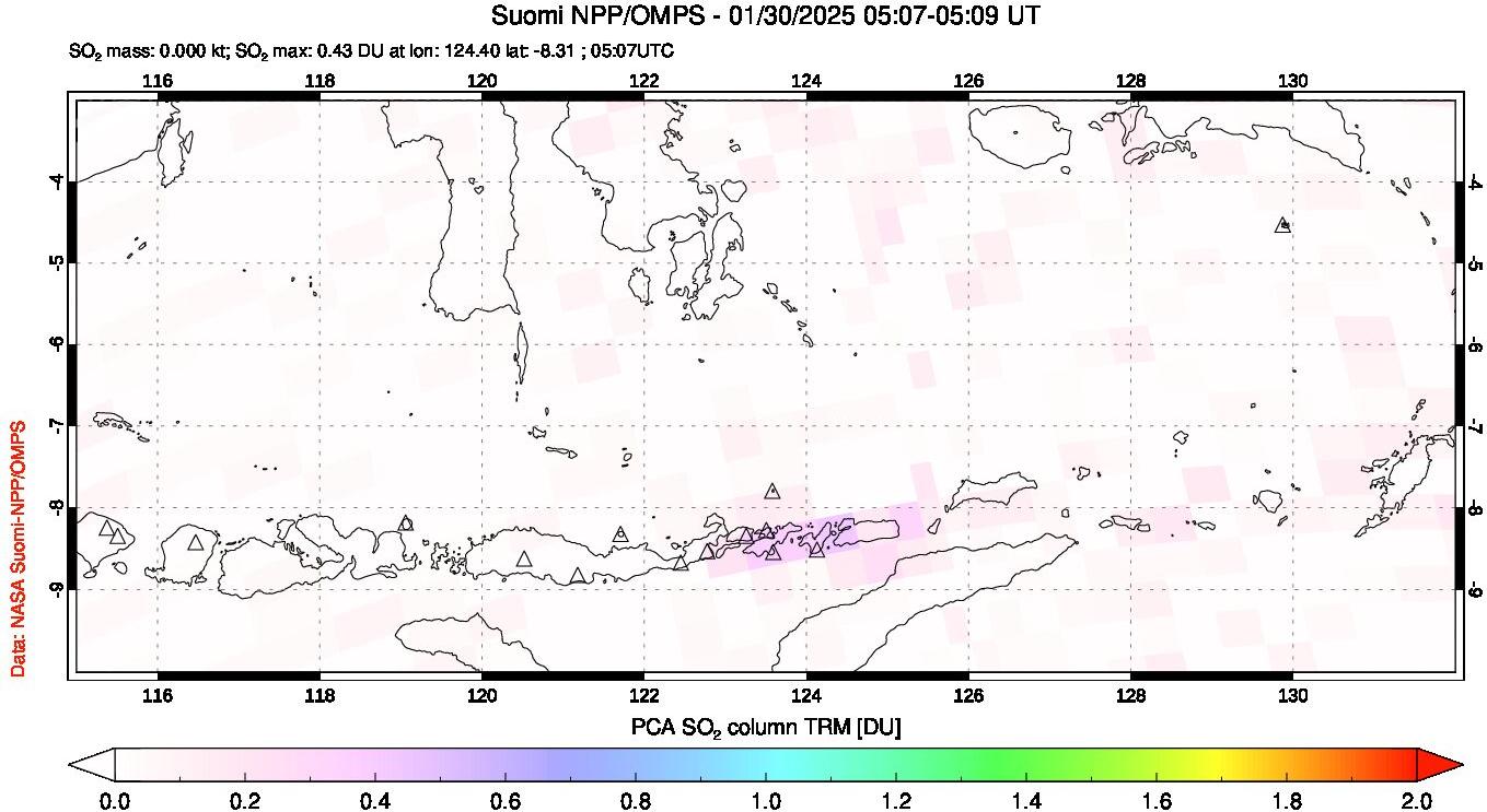 A sulfur dioxide image over Lesser Sunda Islands, Indonesia on Jan 30, 2025.