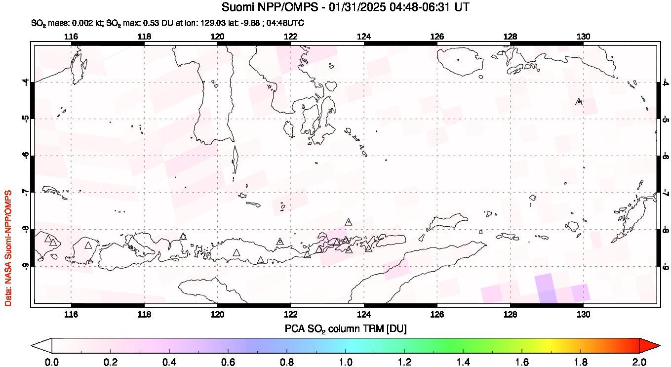 A sulfur dioxide image over Lesser Sunda Islands, Indonesia on Jan 31, 2025.