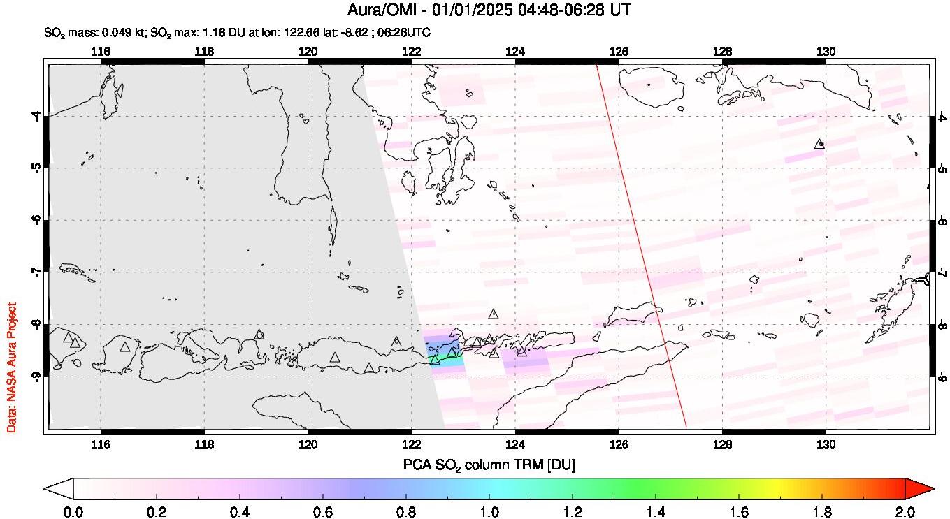 A sulfur dioxide image over Lesser Sunda Islands, Indonesia on Jan 01, 2025.