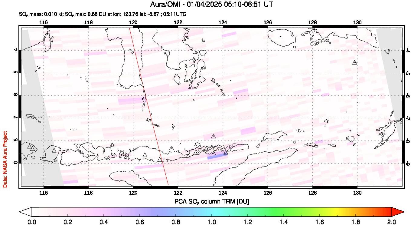 A sulfur dioxide image over Lesser Sunda Islands, Indonesia on Jan 04, 2025.