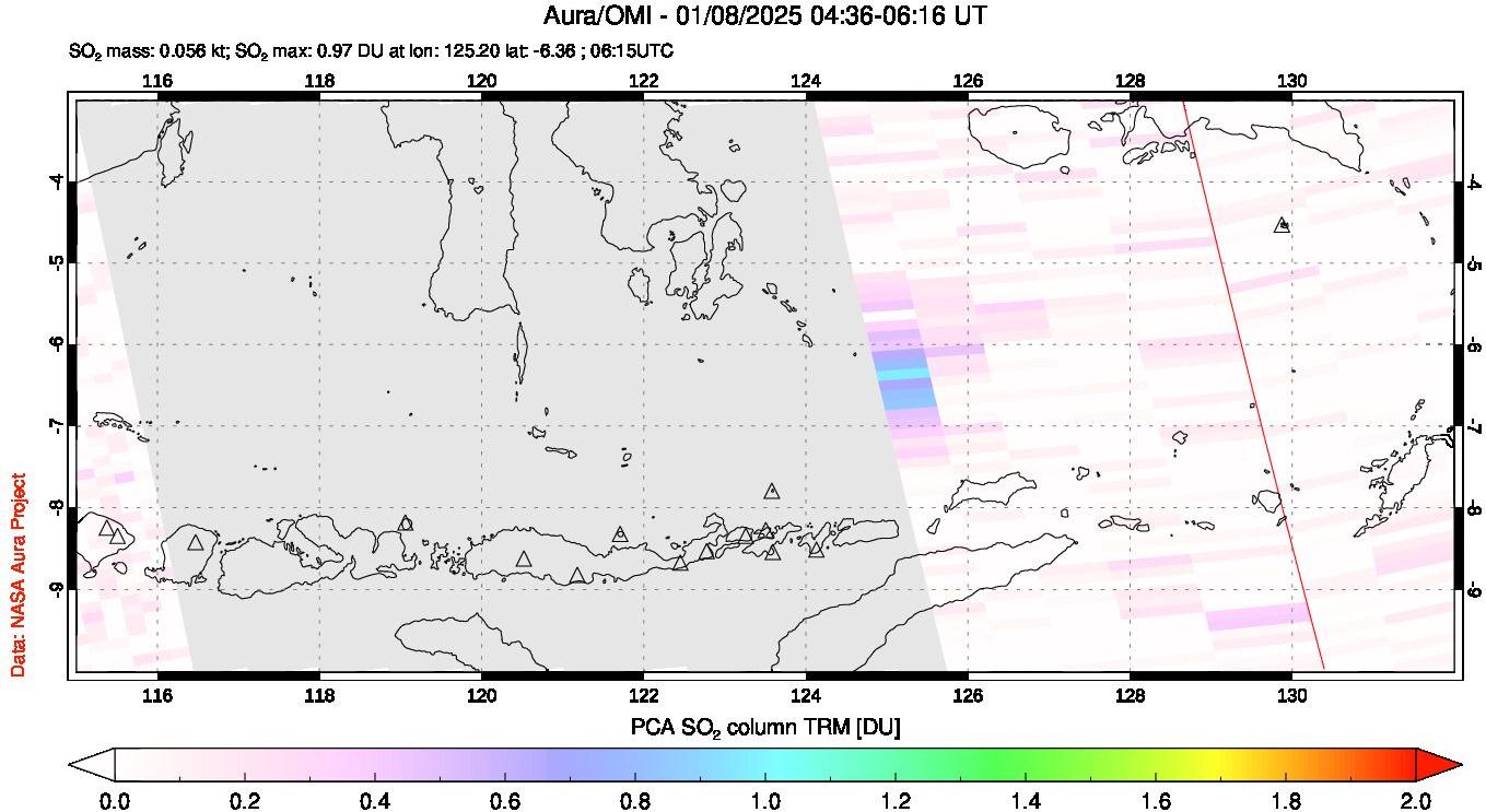 A sulfur dioxide image over Lesser Sunda Islands, Indonesia on Jan 08, 2025.