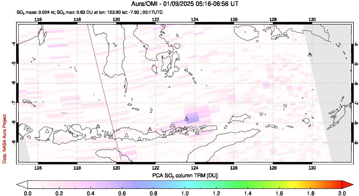 A sulfur dioxide image over Lesser Sunda Islands, Indonesia on Jan 09, 2025.