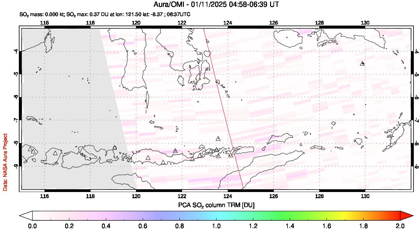 A sulfur dioxide image over Lesser Sunda Islands, Indonesia on Jan 11, 2025.