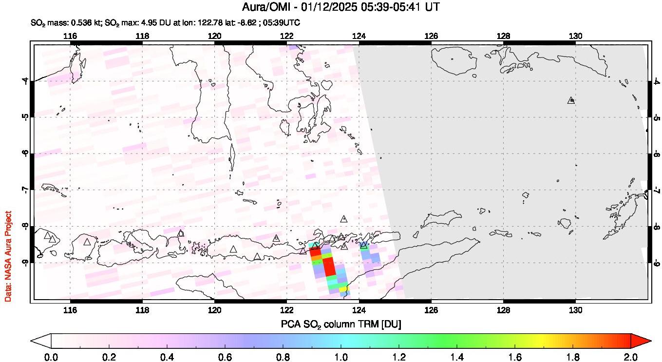 A sulfur dioxide image over Lesser Sunda Islands, Indonesia on Jan 12, 2025.