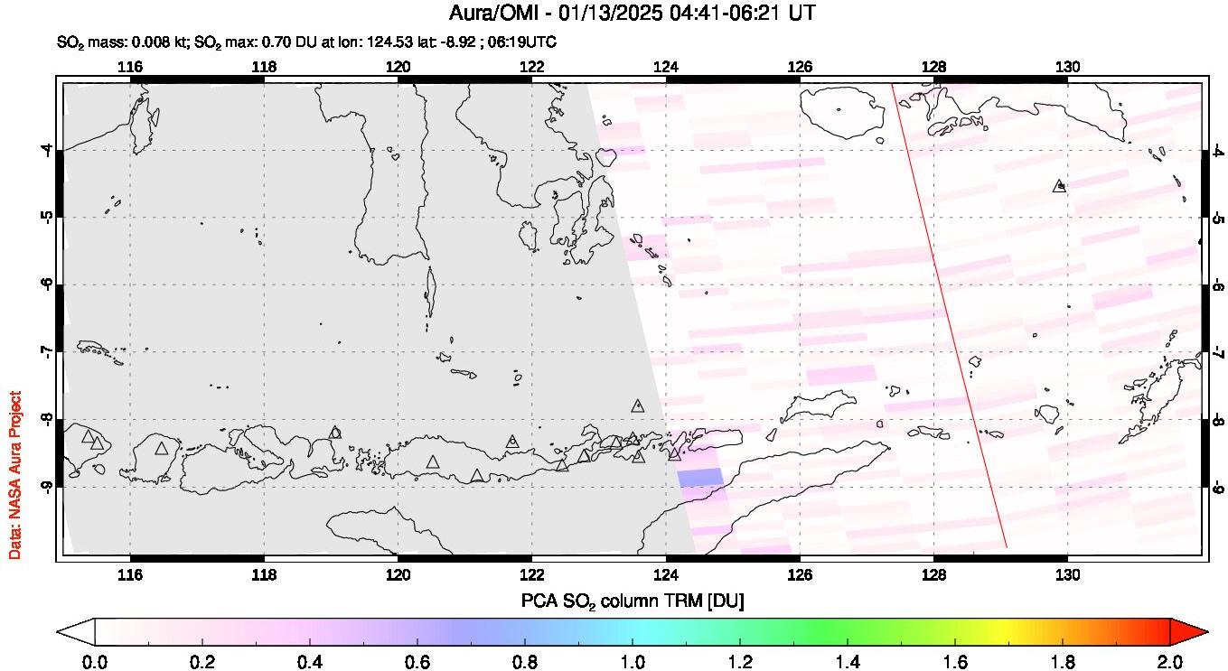 A sulfur dioxide image over Lesser Sunda Islands, Indonesia on Jan 13, 2025.