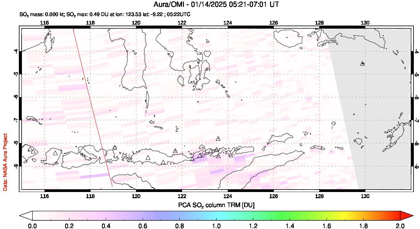 A sulfur dioxide image over Lesser Sunda Islands, Indonesia on Jan 14, 2025.