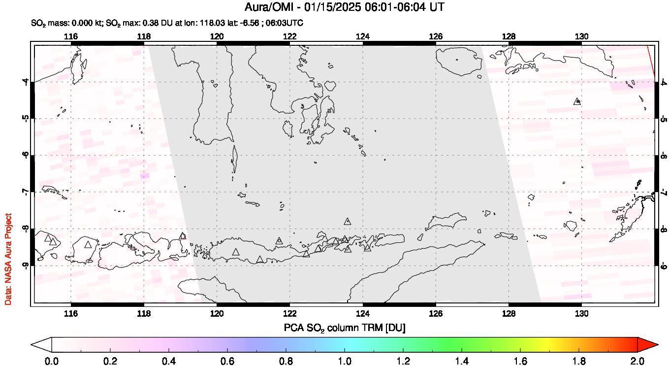 A sulfur dioxide image over Lesser Sunda Islands, Indonesia on Jan 15, 2025.