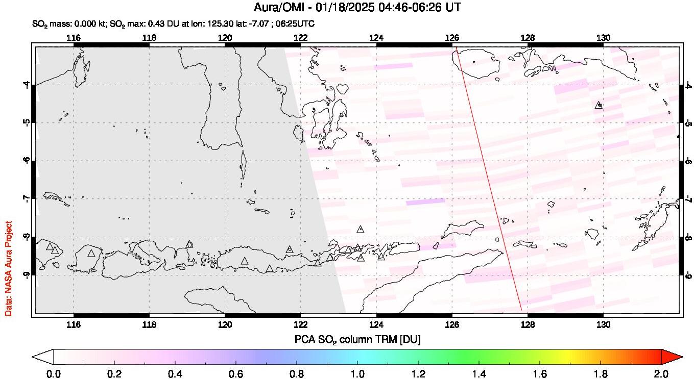 A sulfur dioxide image over Lesser Sunda Islands, Indonesia on Jan 18, 2025.