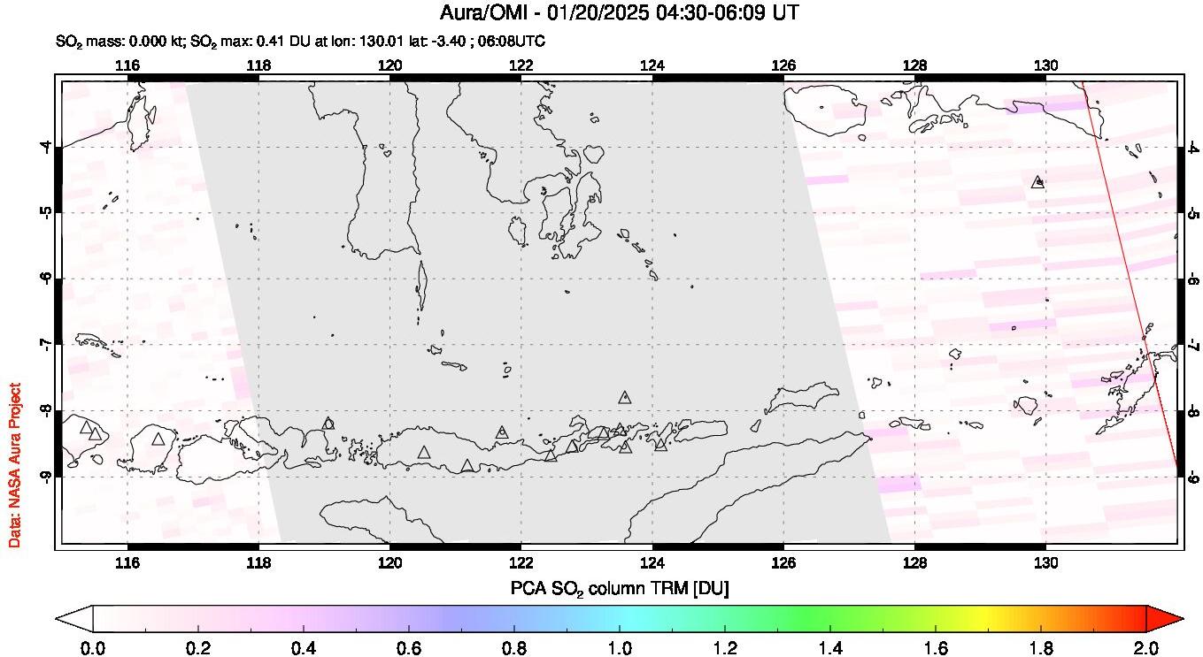 A sulfur dioxide image over Lesser Sunda Islands, Indonesia on Jan 20, 2025.