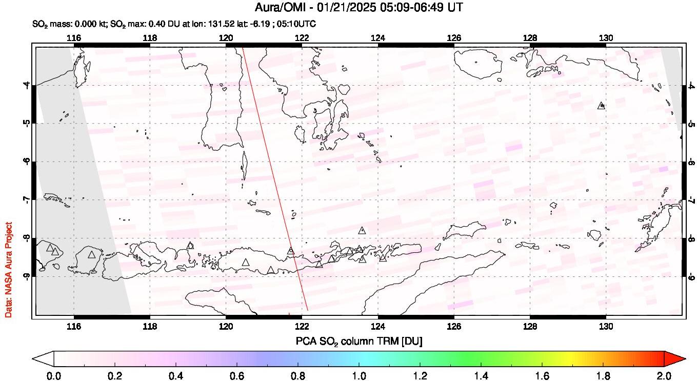 A sulfur dioxide image over Lesser Sunda Islands, Indonesia on Jan 21, 2025.