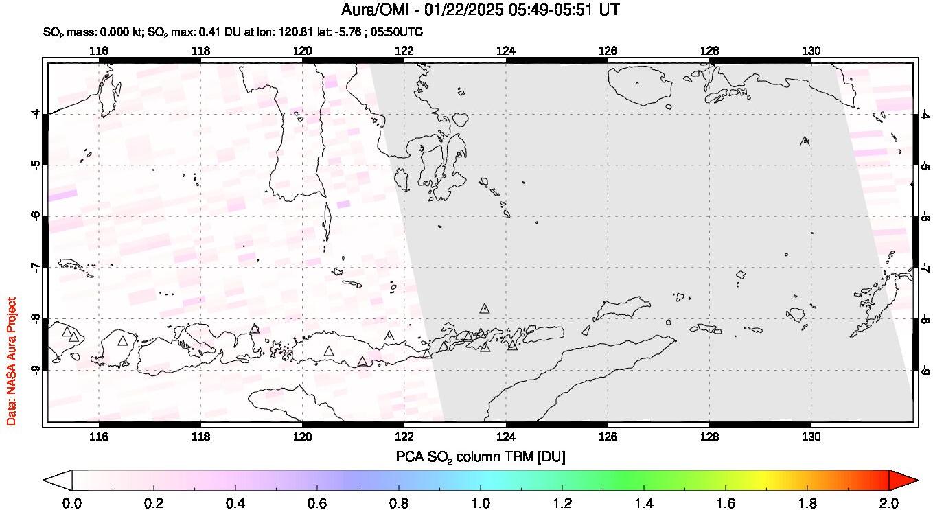 A sulfur dioxide image over Lesser Sunda Islands, Indonesia on Jan 22, 2025.