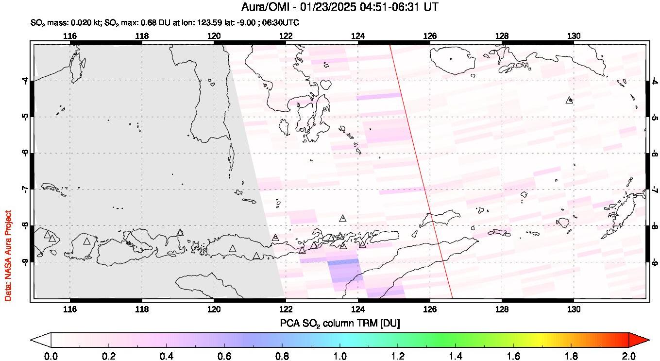 A sulfur dioxide image over Lesser Sunda Islands, Indonesia on Jan 23, 2025.