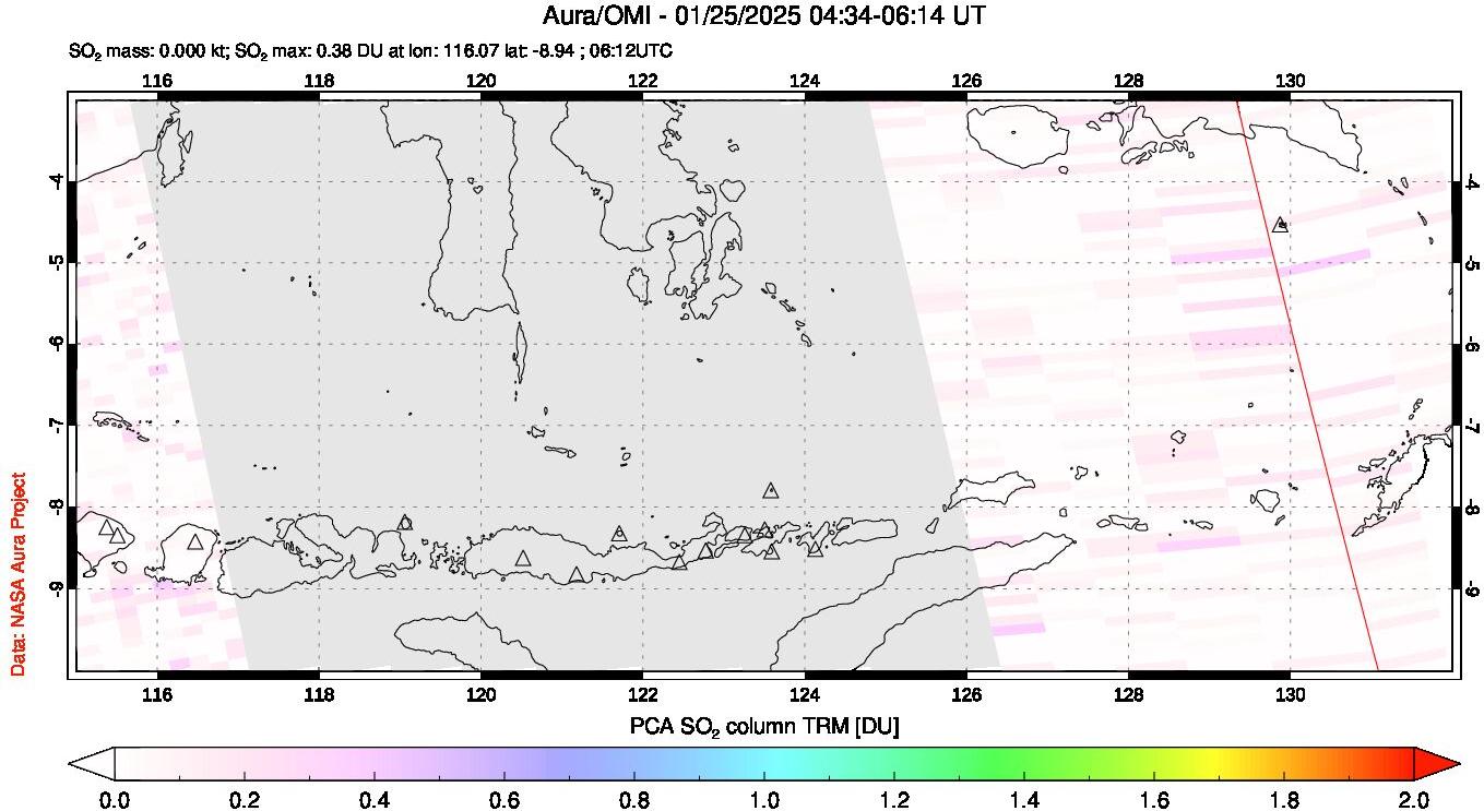 A sulfur dioxide image over Lesser Sunda Islands, Indonesia on Jan 25, 2025.