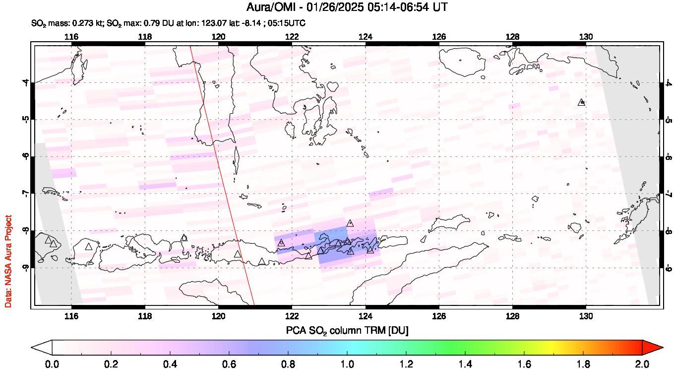 A sulfur dioxide image over Lesser Sunda Islands, Indonesia on Jan 26, 2025.