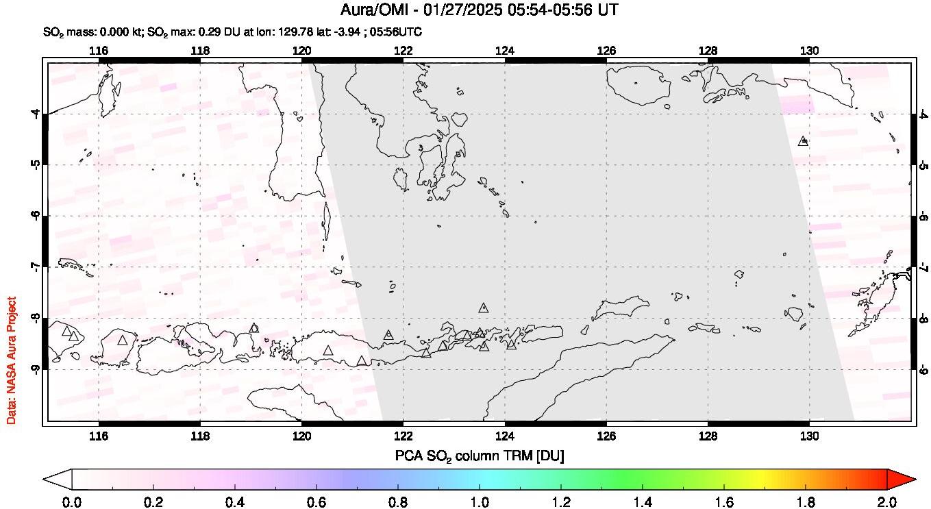 A sulfur dioxide image over Lesser Sunda Islands, Indonesia on Jan 27, 2025.