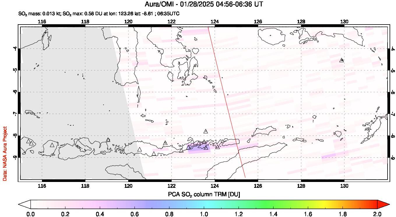 A sulfur dioxide image over Lesser Sunda Islands, Indonesia on Jan 28, 2025.