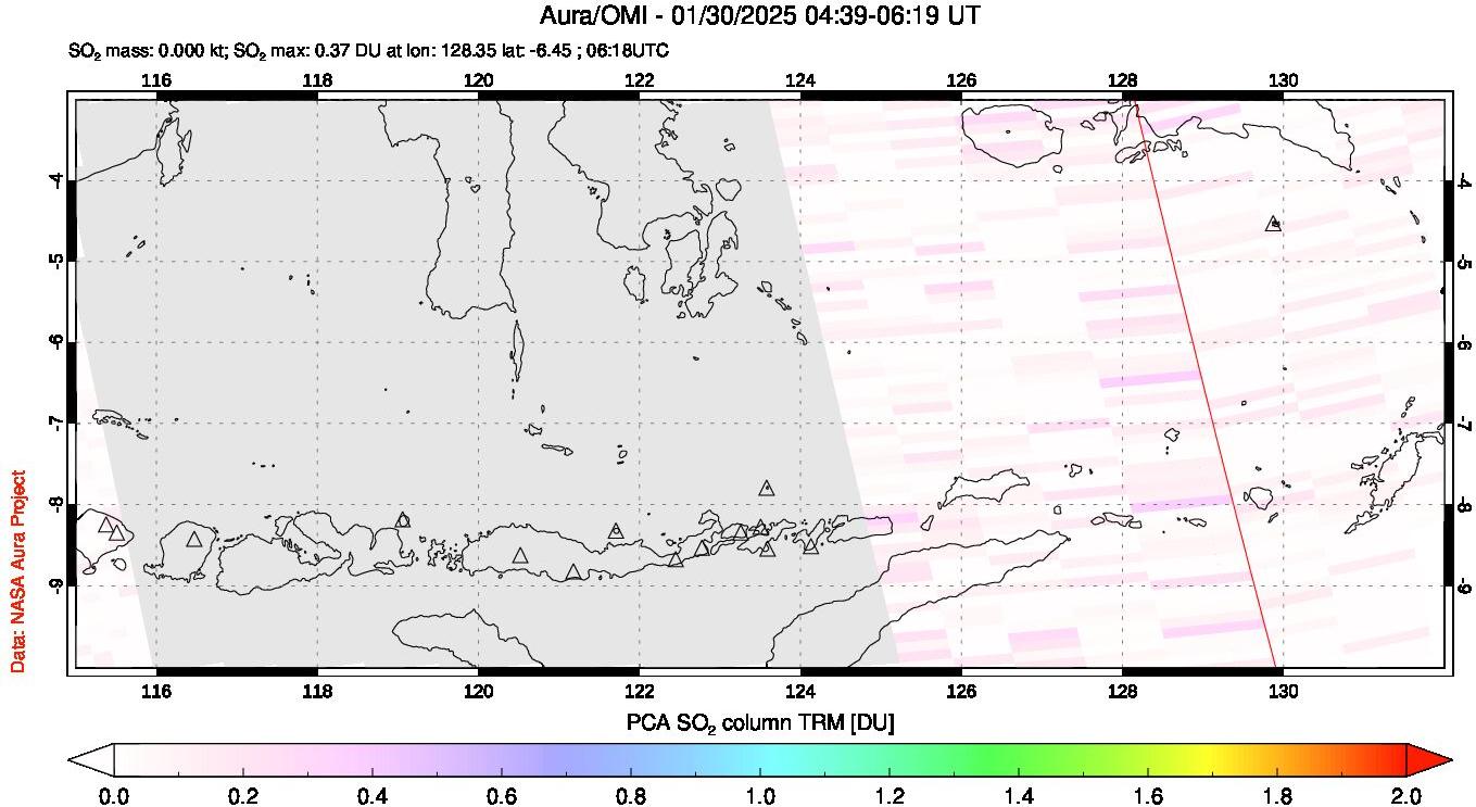 A sulfur dioxide image over Lesser Sunda Islands, Indonesia on Jan 30, 2025.