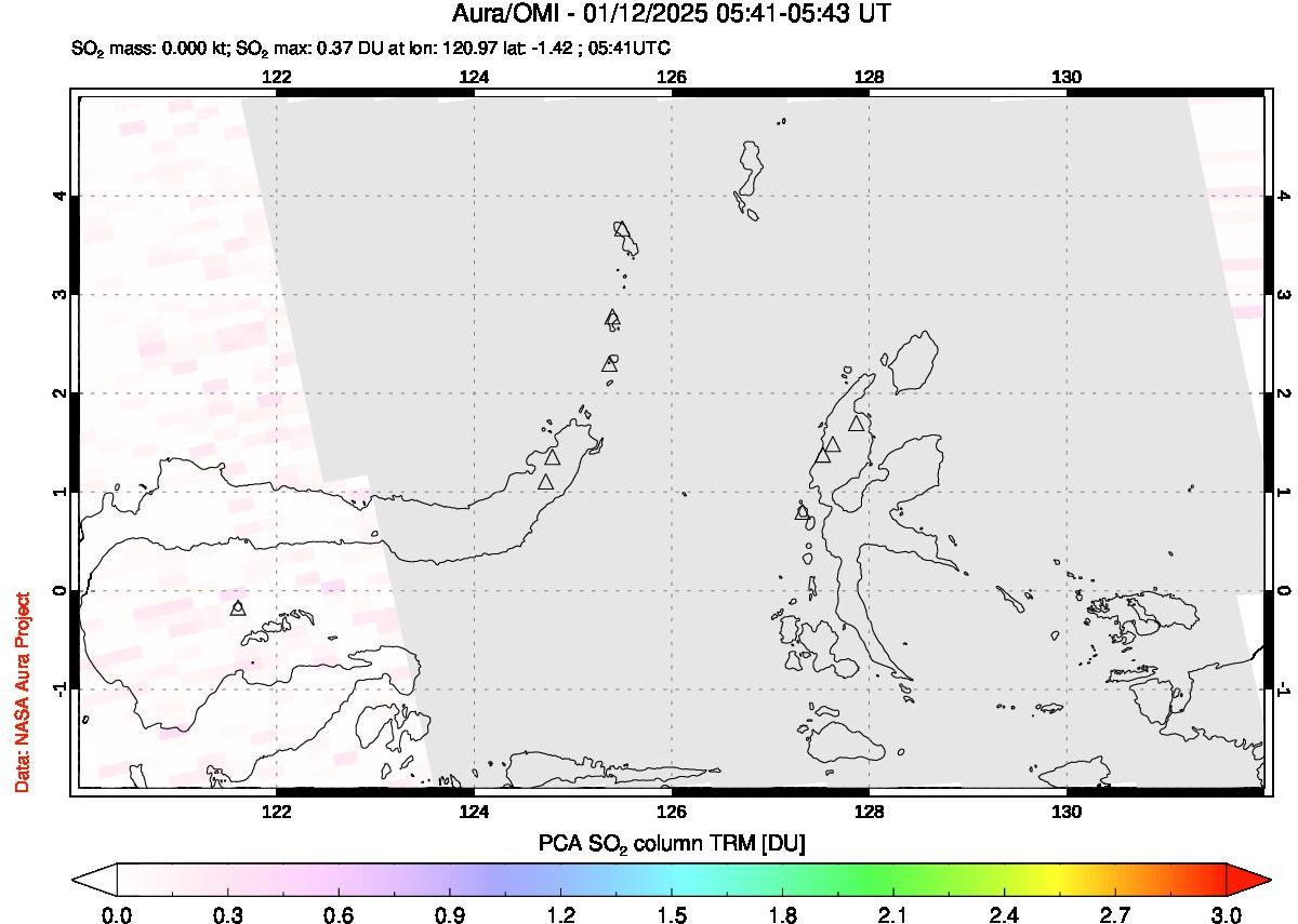 A sulfur dioxide image over Northern Sulawesi & Halmahera, Indonesia on Jan 12, 2025.