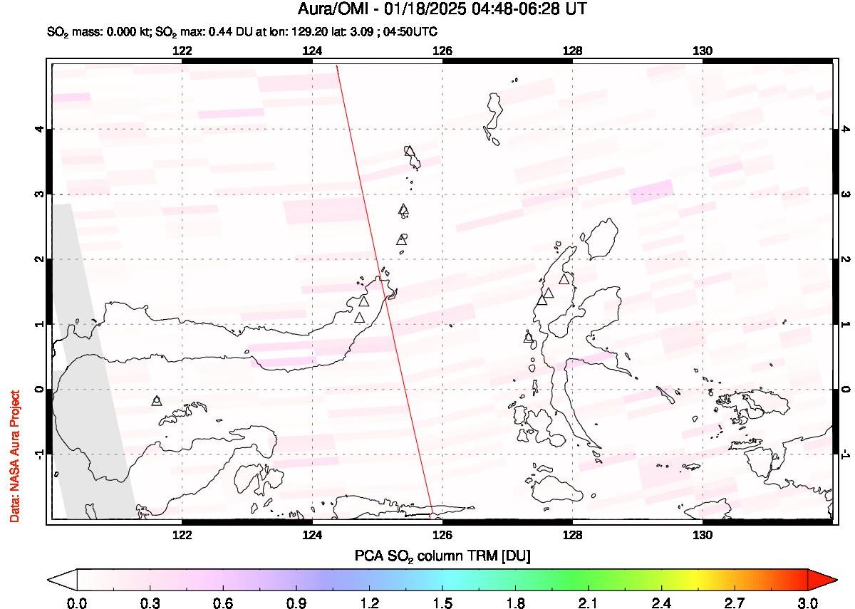 A sulfur dioxide image over Northern Sulawesi & Halmahera, Indonesia on Jan 18, 2025.