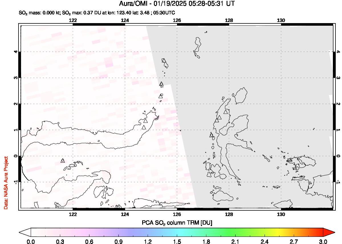 A sulfur dioxide image over Northern Sulawesi & Halmahera, Indonesia on Jan 19, 2025.