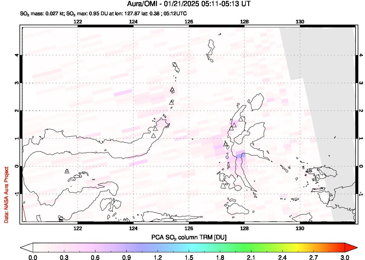 A sulfur dioxide image over Northern Sulawesi & Halmahera, Indonesia on Jan 21, 2025.