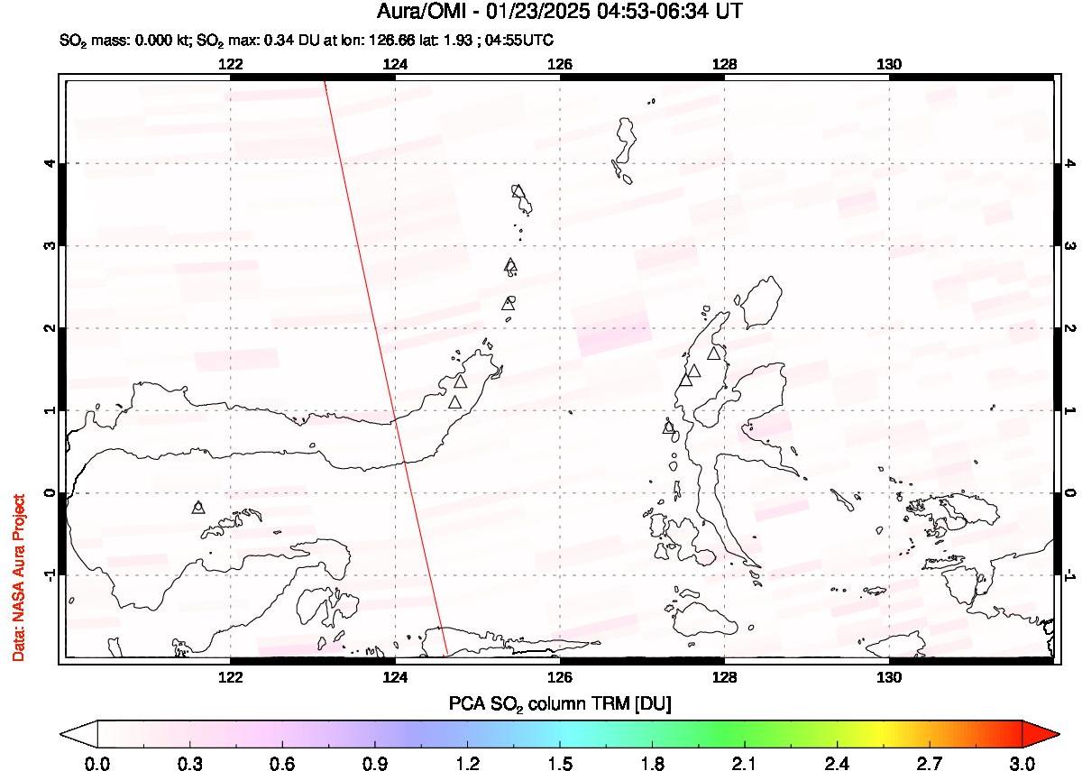 A sulfur dioxide image over Northern Sulawesi & Halmahera, Indonesia on Jan 23, 2025.