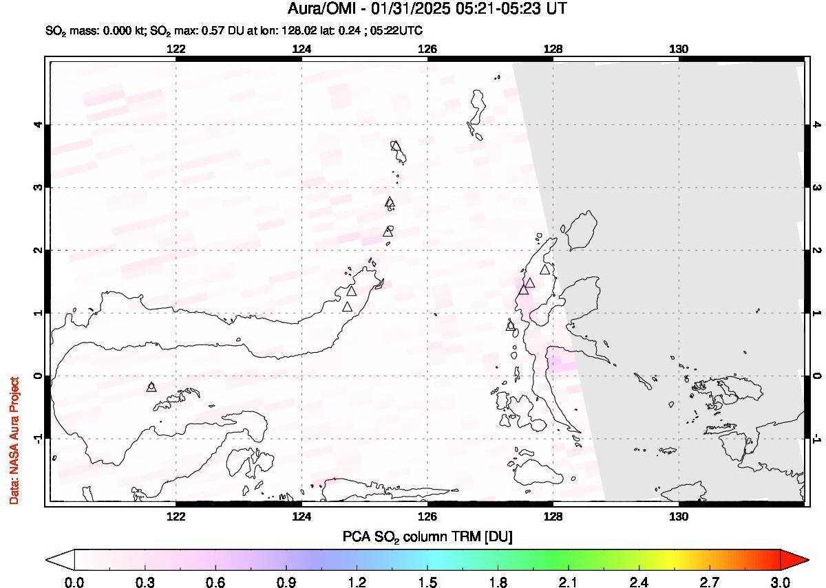 A sulfur dioxide image over Northern Sulawesi & Halmahera, Indonesia on Jan 31, 2025.