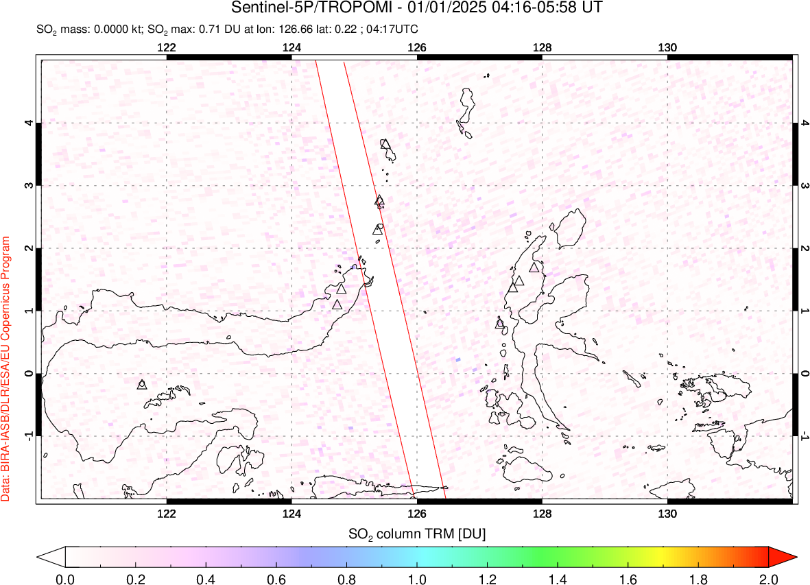 A sulfur dioxide image over Northern Sulawesi & Halmahera, Indonesia on Jan 01, 2025.