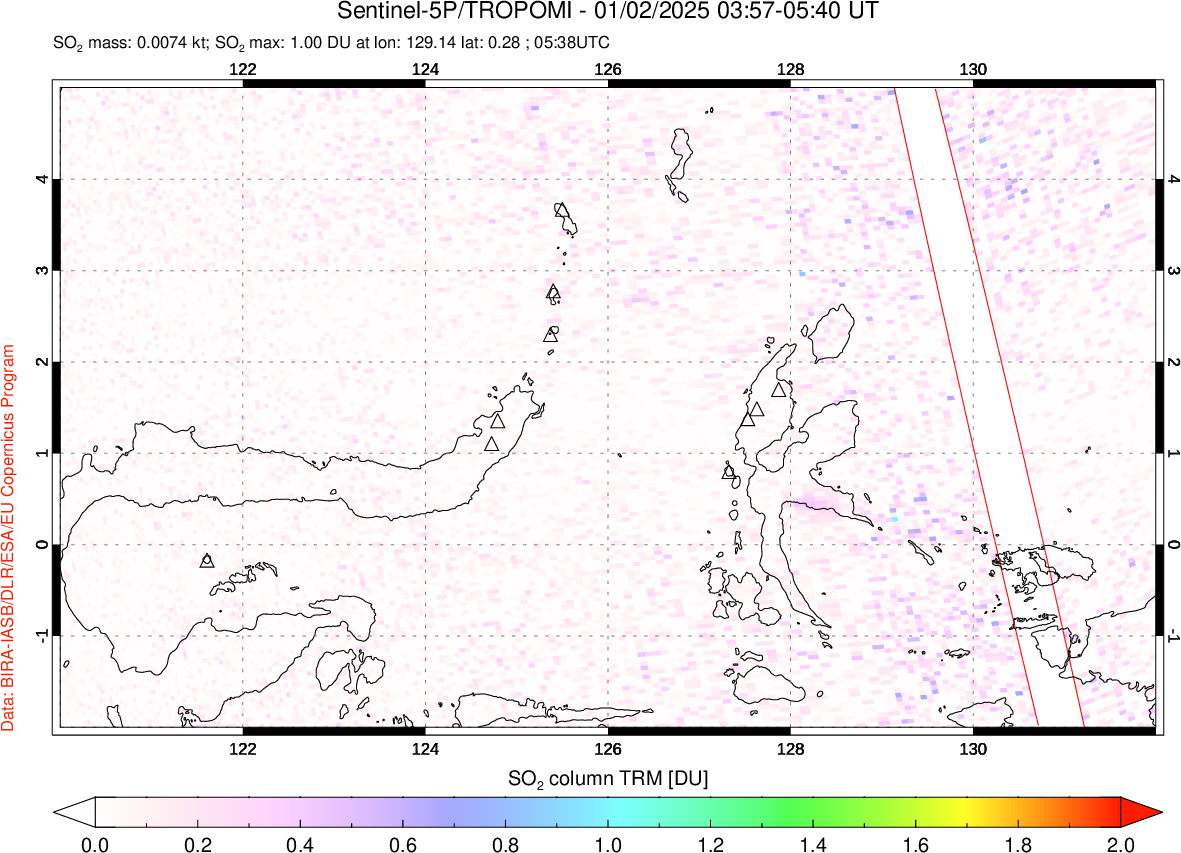 A sulfur dioxide image over Northern Sulawesi & Halmahera, Indonesia on Jan 02, 2025.