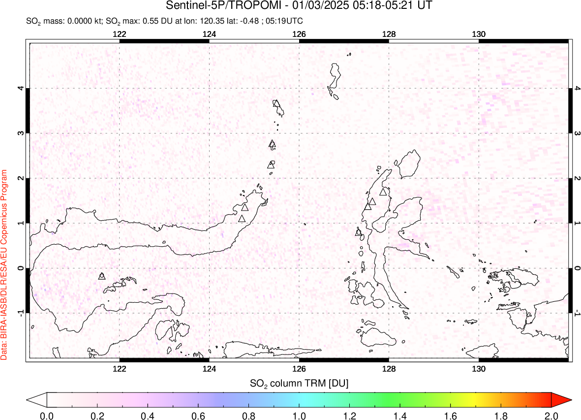 A sulfur dioxide image over Northern Sulawesi & Halmahera, Indonesia on Jan 03, 2025.