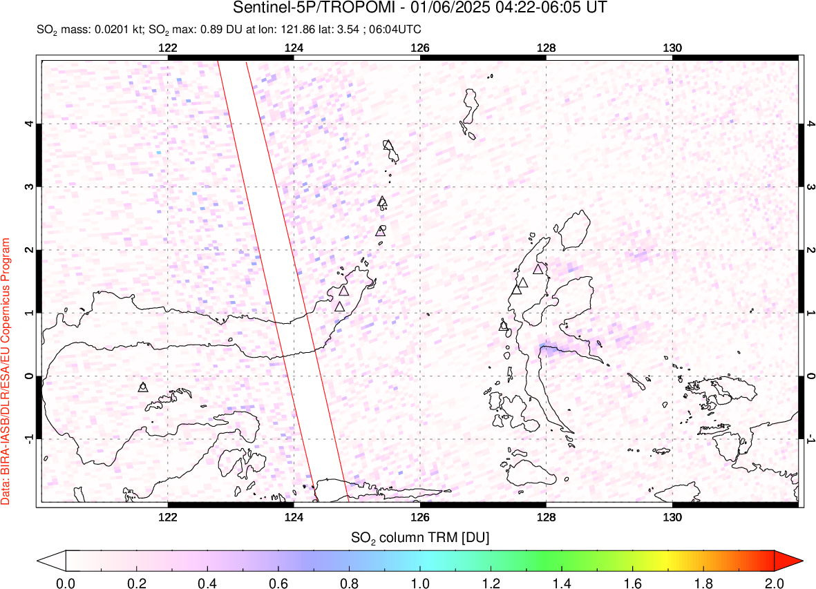 A sulfur dioxide image over Northern Sulawesi & Halmahera, Indonesia on Jan 06, 2025.