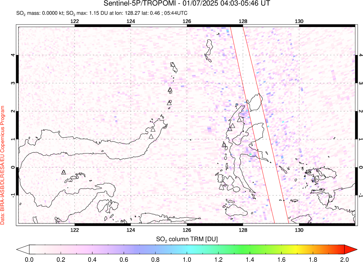 A sulfur dioxide image over Northern Sulawesi & Halmahera, Indonesia on Jan 07, 2025.