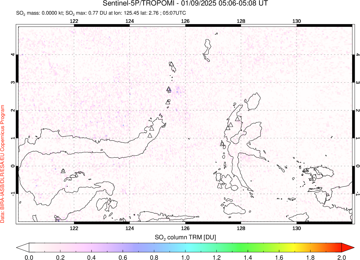 A sulfur dioxide image over Northern Sulawesi & Halmahera, Indonesia on Jan 09, 2025.