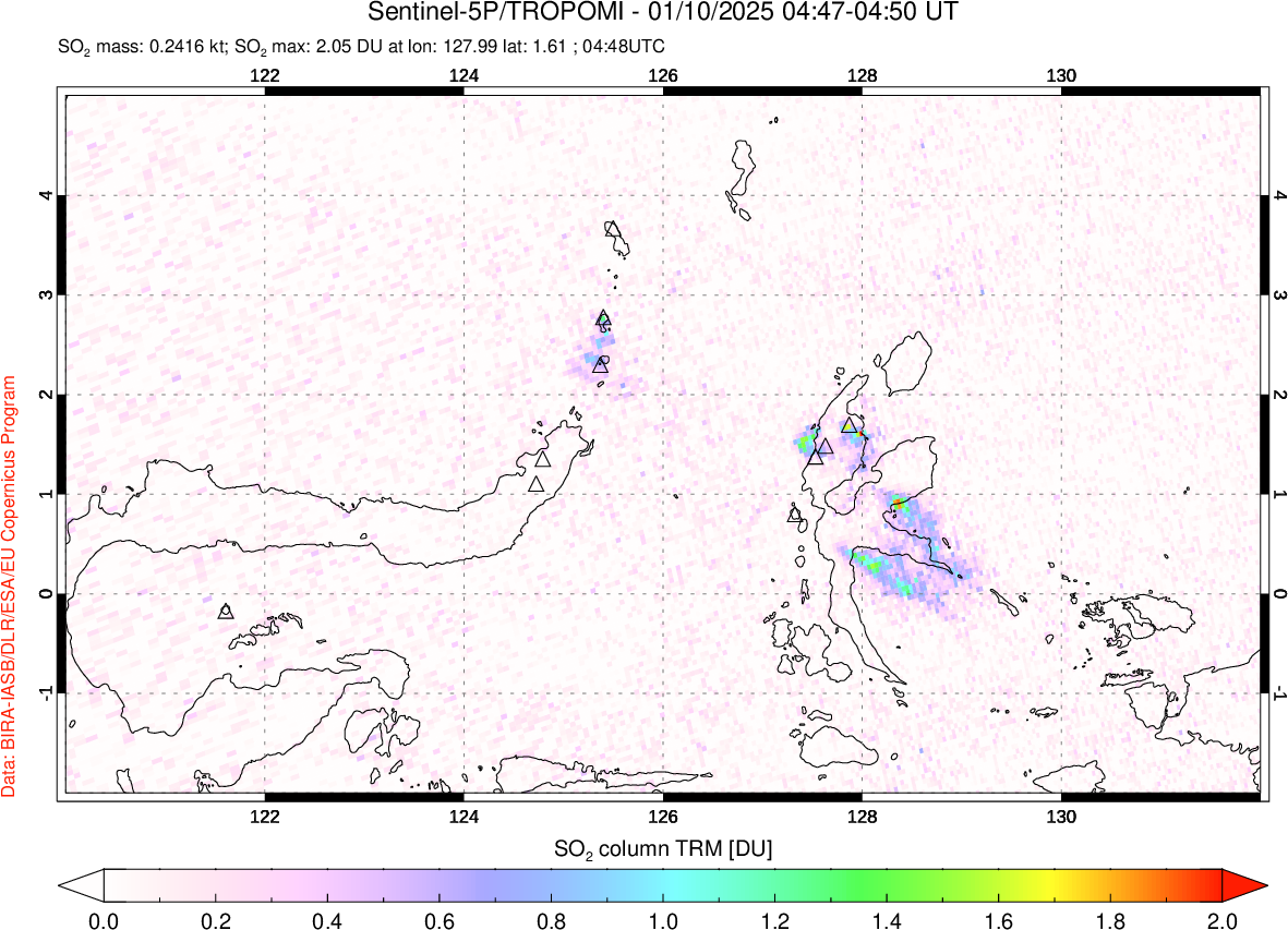 A sulfur dioxide image over Northern Sulawesi & Halmahera, Indonesia on Jan 10, 2025.