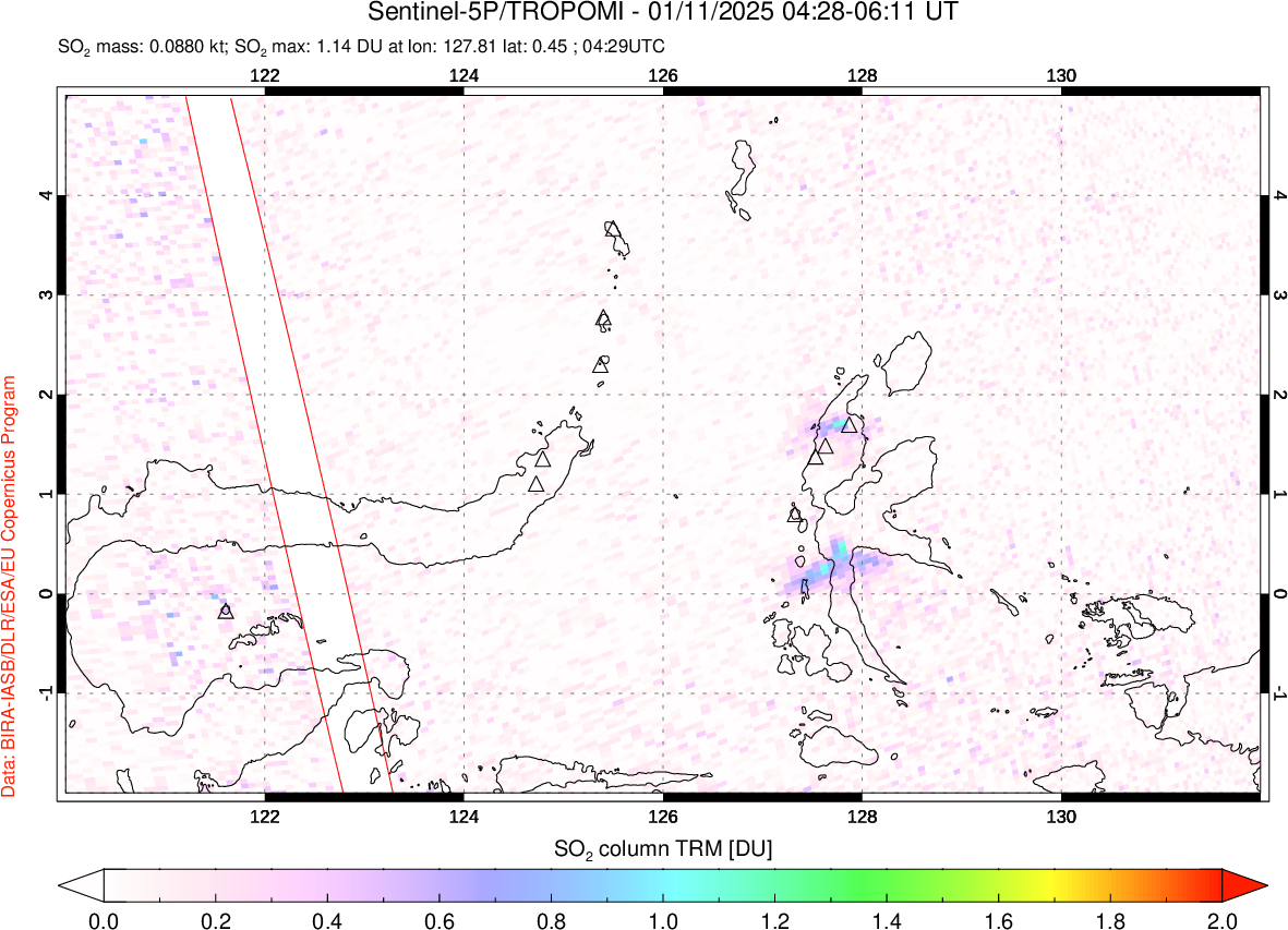 A sulfur dioxide image over Northern Sulawesi & Halmahera, Indonesia on Jan 11, 2025.