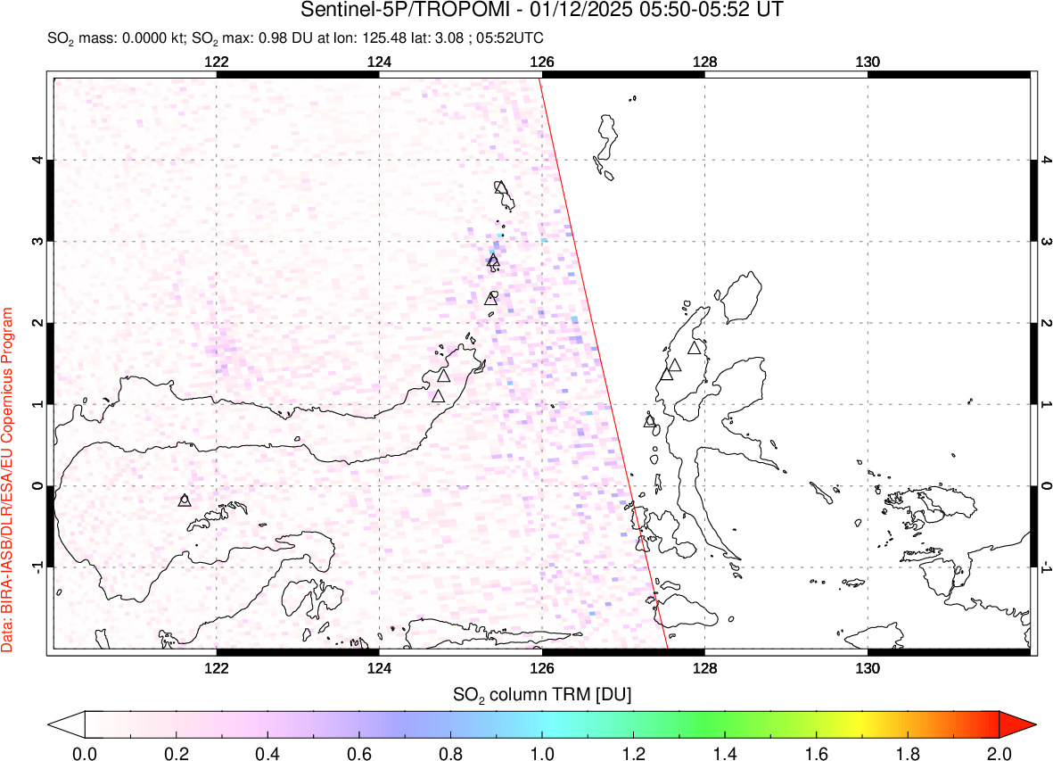 A sulfur dioxide image over Northern Sulawesi & Halmahera, Indonesia on Jan 12, 2025.