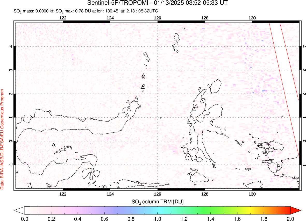 A sulfur dioxide image over Northern Sulawesi & Halmahera, Indonesia on Jan 13, 2025.