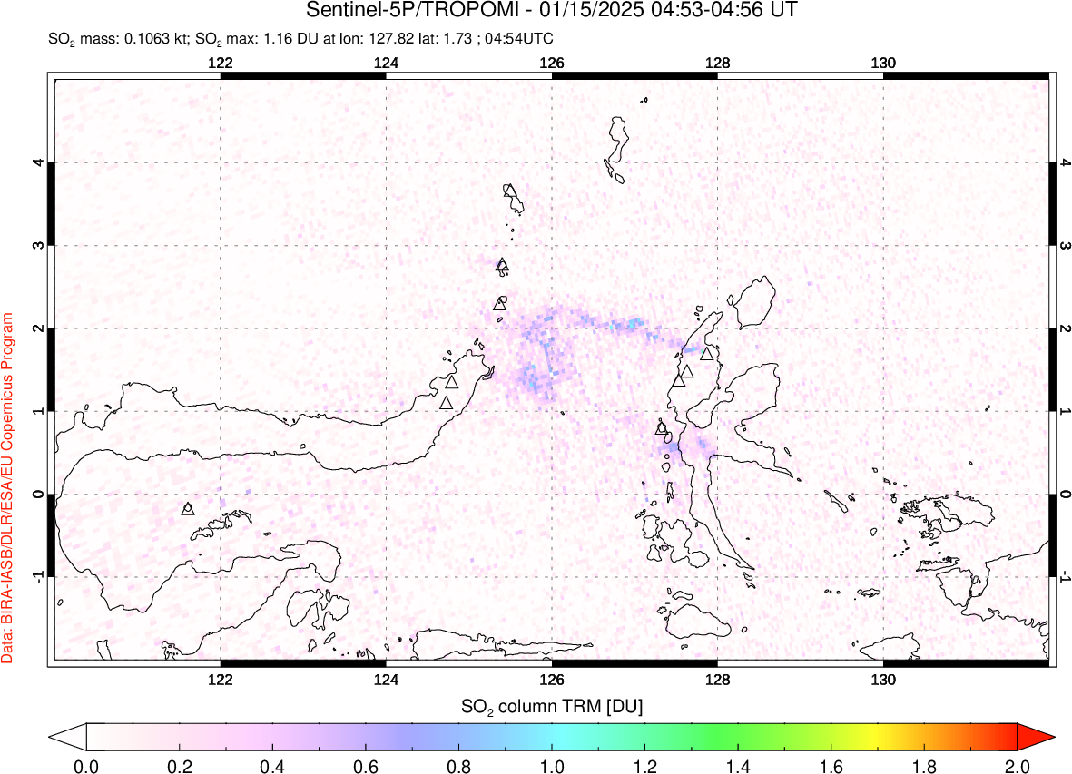 A sulfur dioxide image over Northern Sulawesi & Halmahera, Indonesia on Jan 15, 2025.