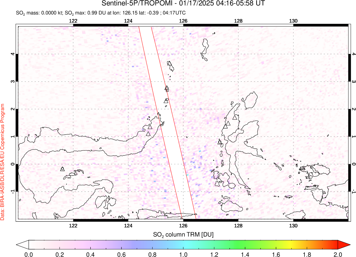 A sulfur dioxide image over Northern Sulawesi & Halmahera, Indonesia on Jan 17, 2025.