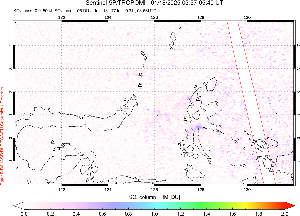 A sulfur dioxide image over Northern Sulawesi & Halmahera, Indonesia on Jan 18, 2025.