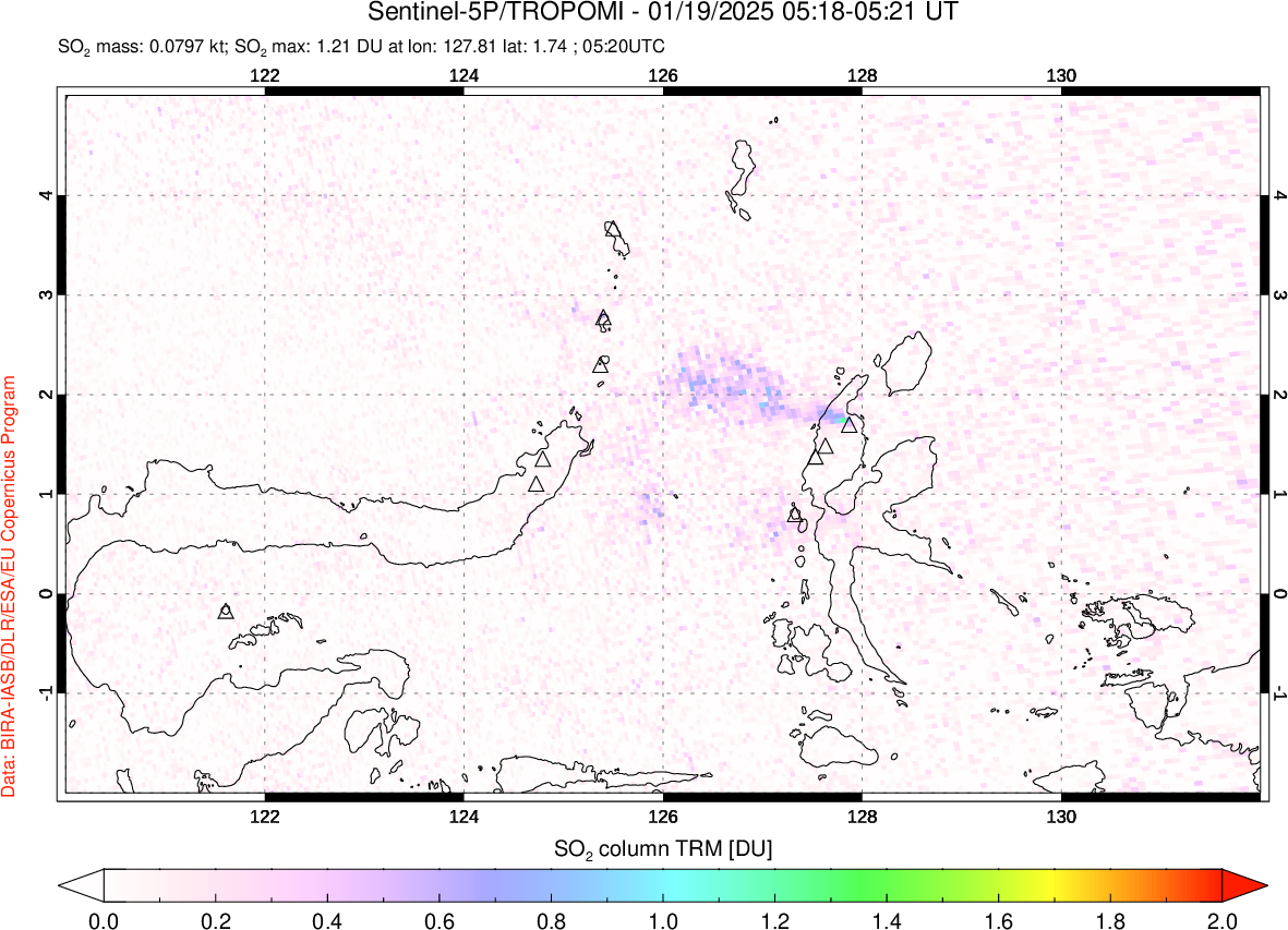 A sulfur dioxide image over Northern Sulawesi & Halmahera, Indonesia on Jan 19, 2025.