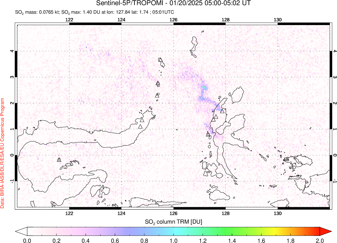 A sulfur dioxide image over Northern Sulawesi & Halmahera, Indonesia on Jan 20, 2025.