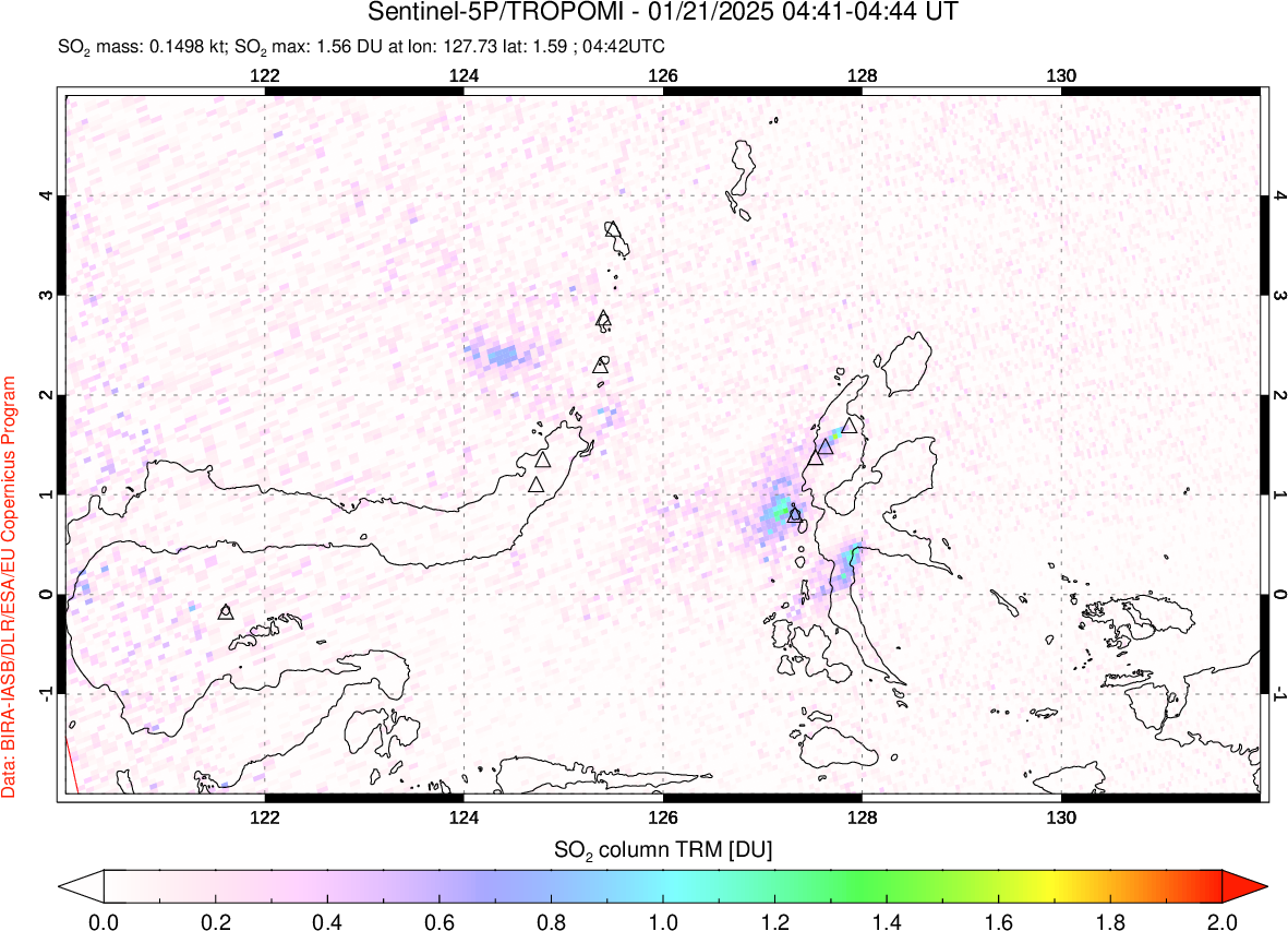 A sulfur dioxide image over Northern Sulawesi & Halmahera, Indonesia on Jan 21, 2025.