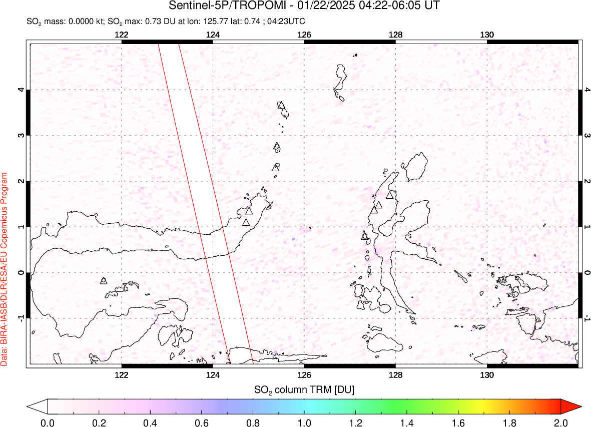 A sulfur dioxide image over Northern Sulawesi & Halmahera, Indonesia on Jan 22, 2025.