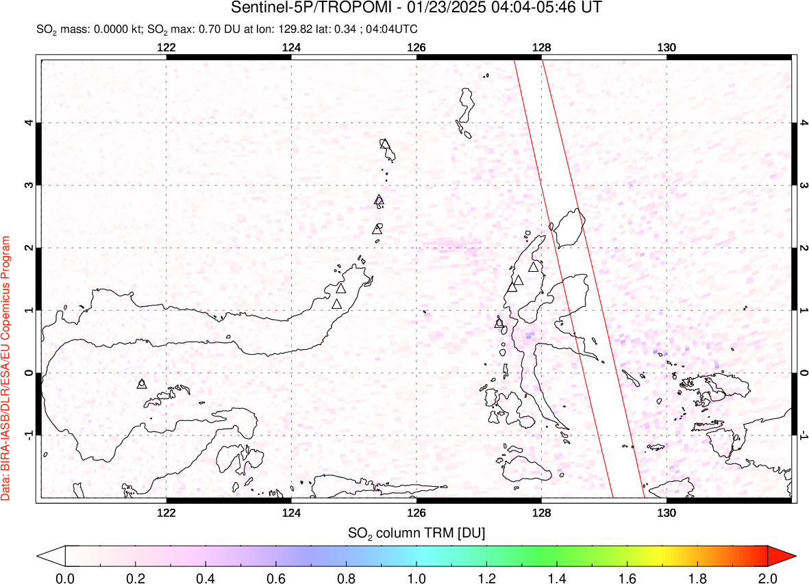 A sulfur dioxide image over Northern Sulawesi & Halmahera, Indonesia on Jan 23, 2025.