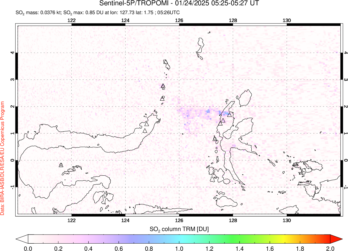 A sulfur dioxide image over Northern Sulawesi & Halmahera, Indonesia on Jan 24, 2025.