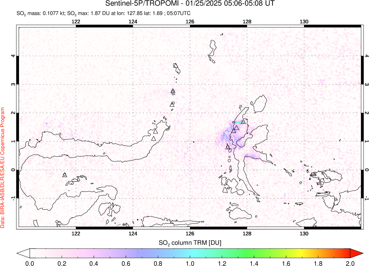 A sulfur dioxide image over Northern Sulawesi & Halmahera, Indonesia on Jan 25, 2025.