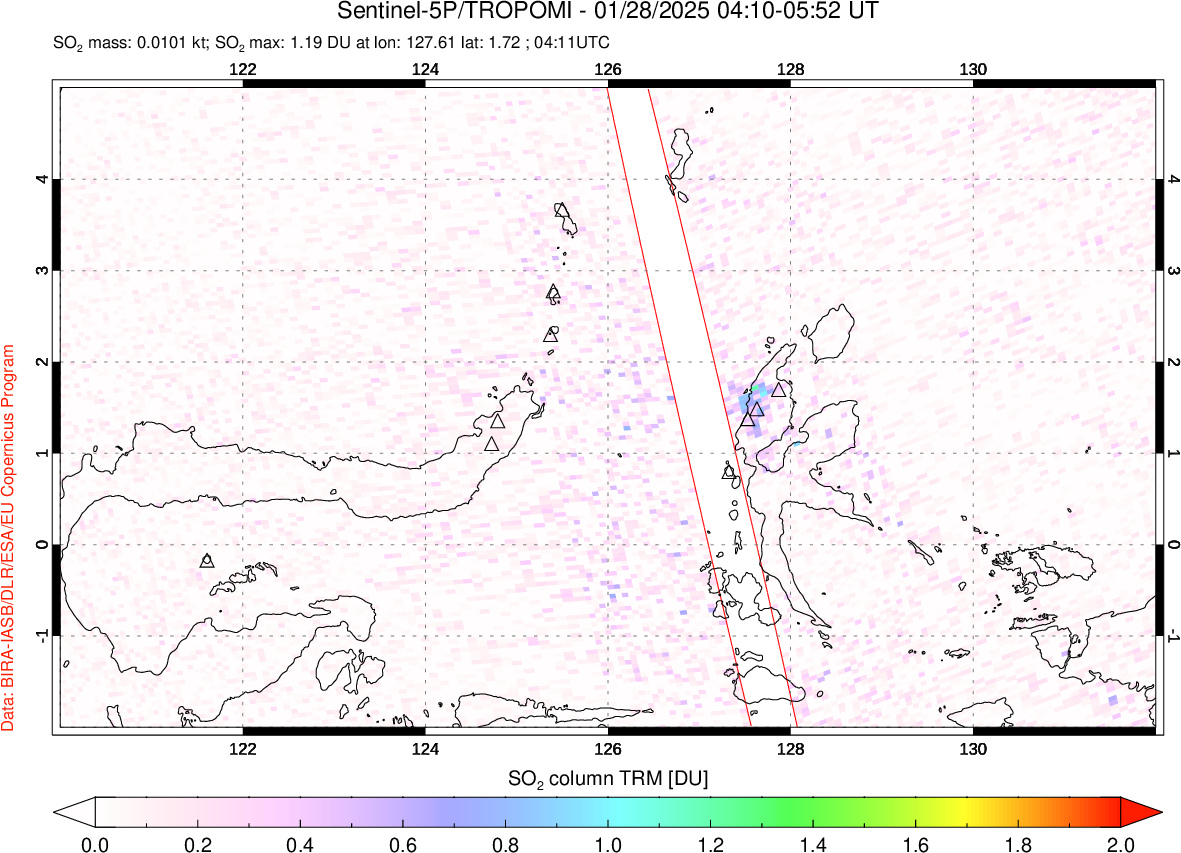 A sulfur dioxide image over Northern Sulawesi & Halmahera, Indonesia on Jan 28, 2025.