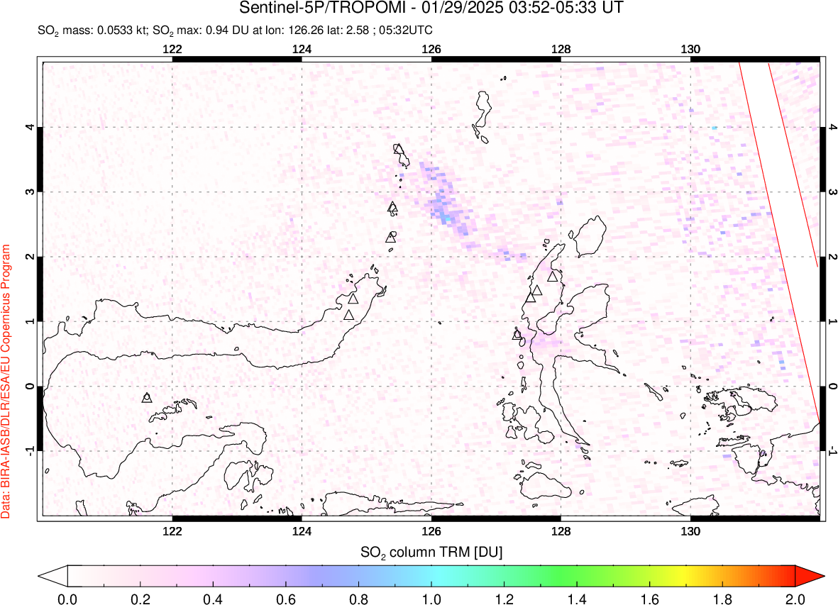 A sulfur dioxide image over Northern Sulawesi & Halmahera, Indonesia on Jan 29, 2025.