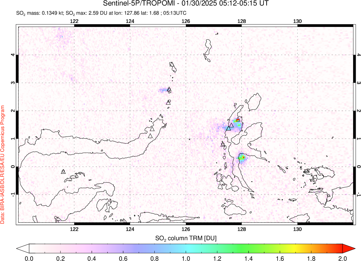 A sulfur dioxide image over Northern Sulawesi & Halmahera, Indonesia on Jan 30, 2025.